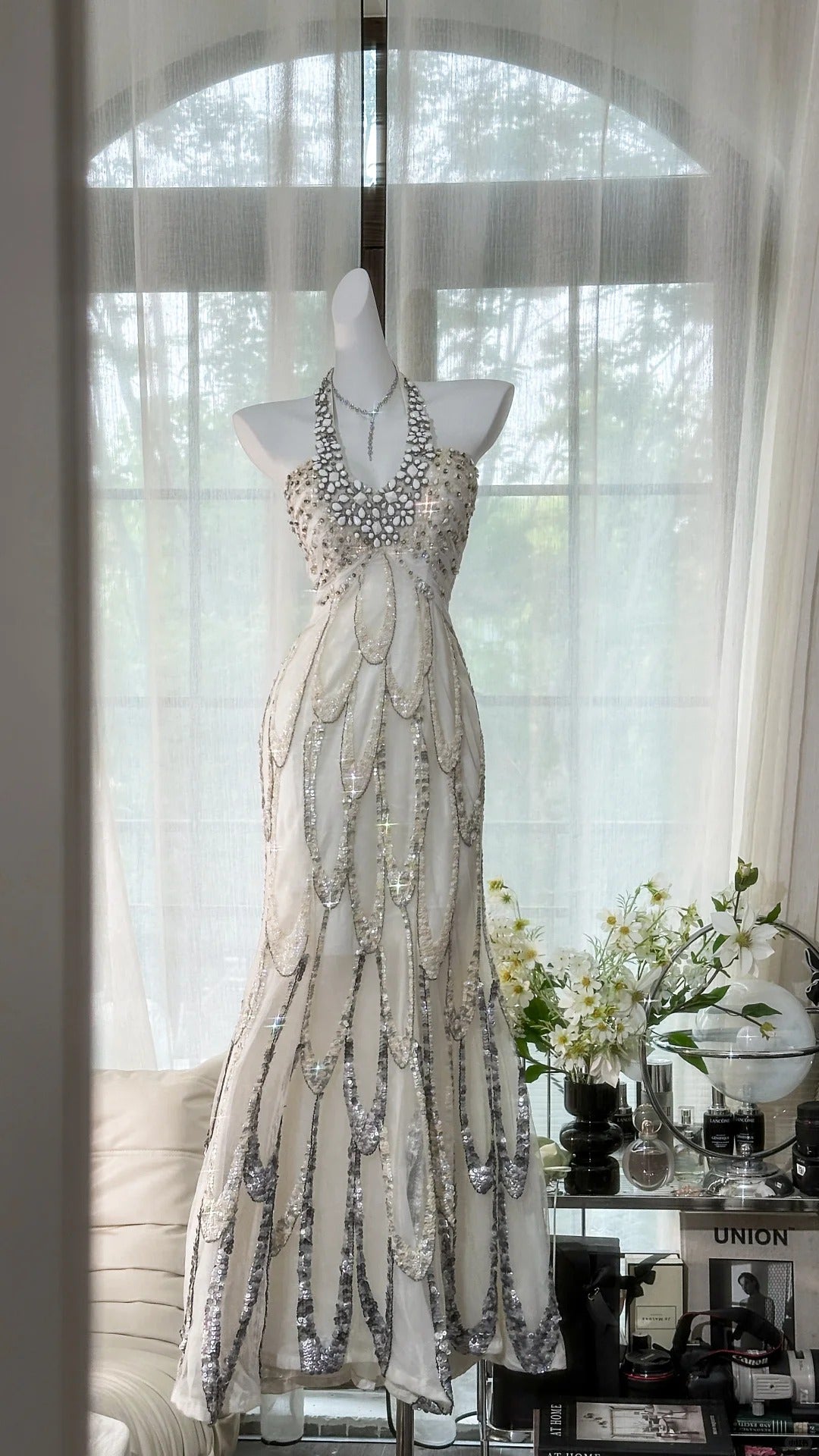 White Beaded Sparkling Ball Gown Long Chiffon Ball Gown Evening Gown Birthday Gown Wedding Gown gh4529