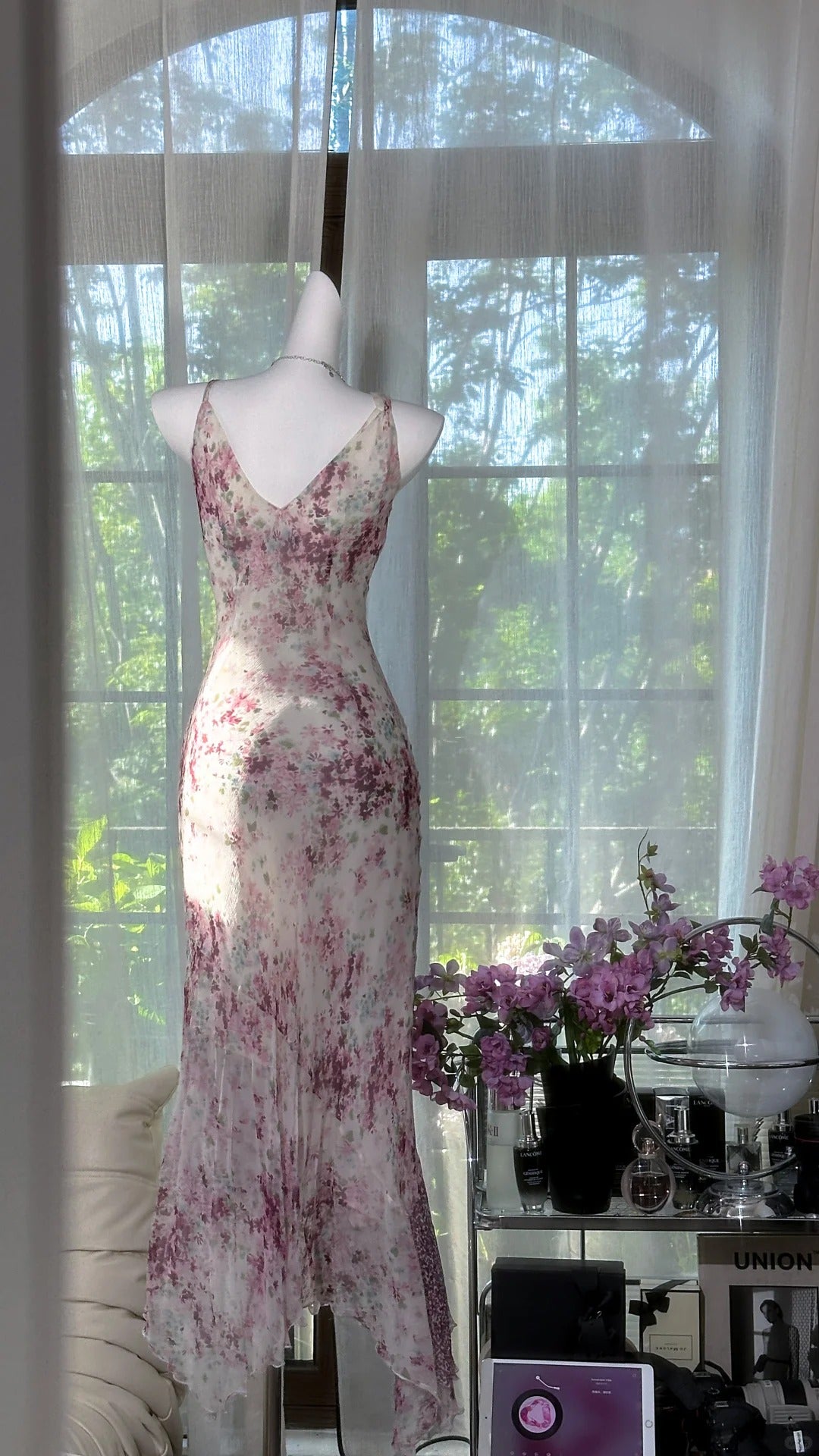 Purple floral vintage beaded chiffon long ball gown evening dress party dress gh4820