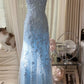 girlhomeshops-Gradient Blue Tulle Spaghetti-Strap 3D Embroidery Train Fairy-Style Gown gh6375
