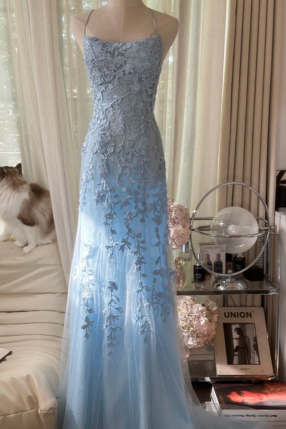 girlhomeshops-Gradient Blue Tulle Spaghetti-Strap 3D Embroidery Train Fairy-Style Gown gh6375