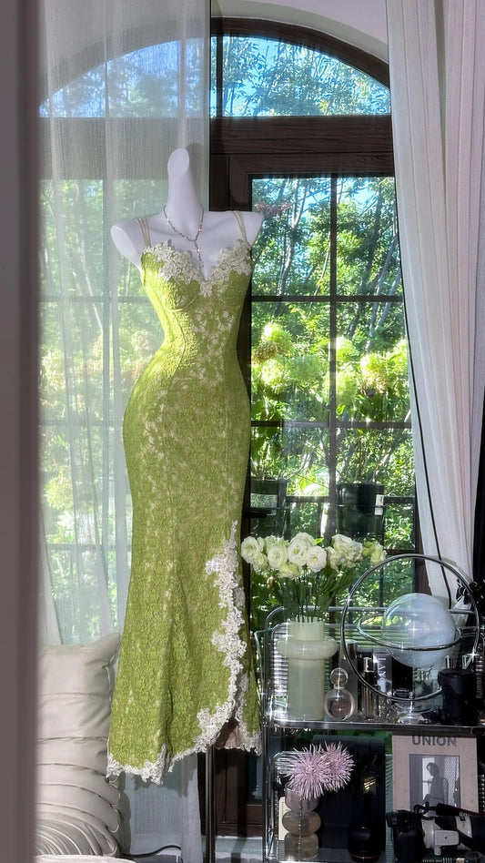 girlhomeshops--Beautiful and charming calssy green lace long spaghetti strap prom dress gh5590