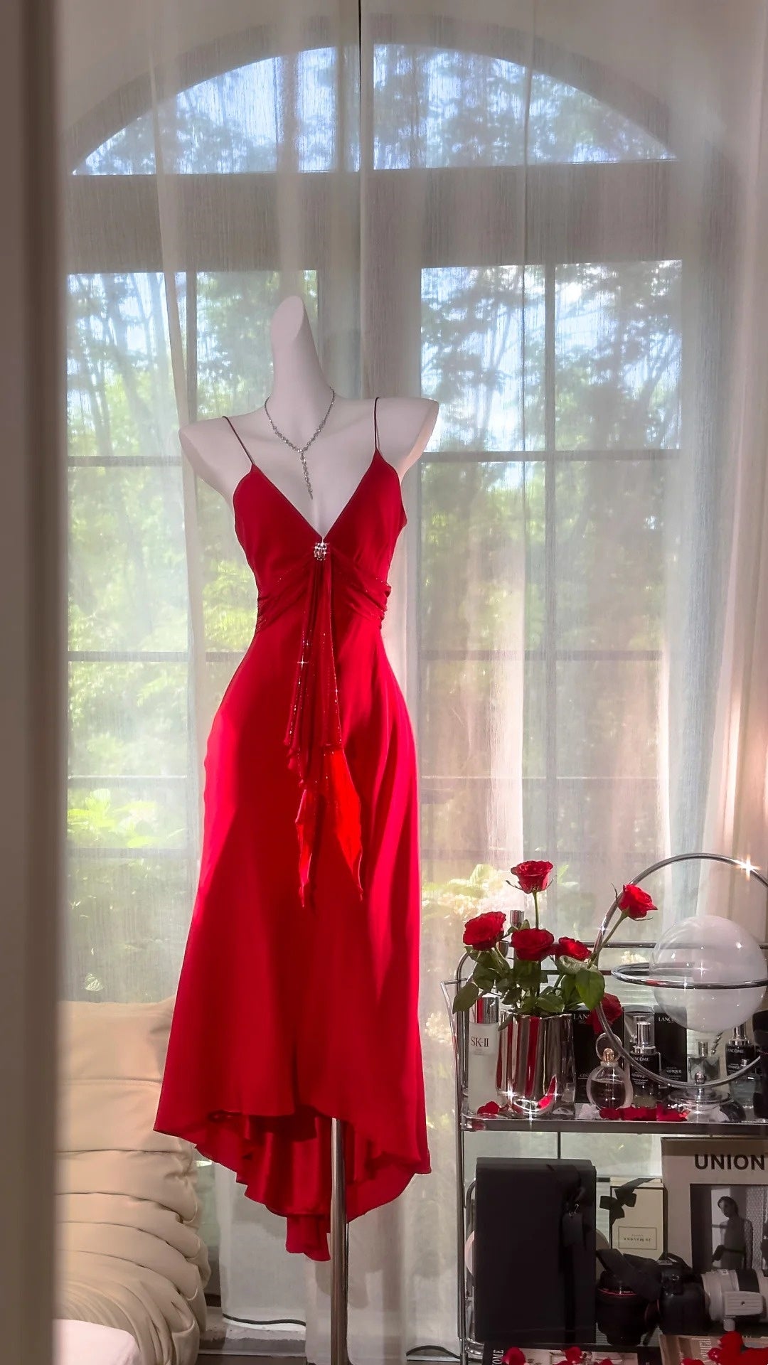 Rot Mode Sexy Elegante Satin Lange V-ausschnitt Ballkleid Abendkleid Hochzeit Party Kleid gh4845