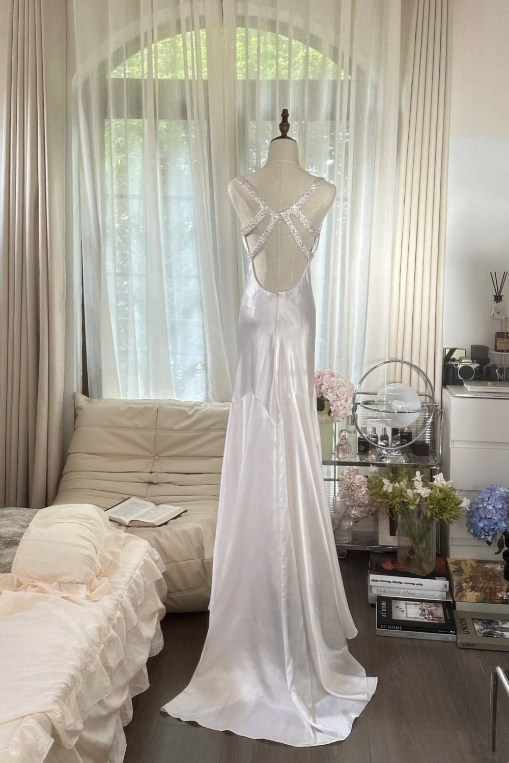 girlhomeshops-Formal Dress White Satin Spaghetti-Strap Beaded Open-Back Train Elegant-Style Wedding Dress gh6376