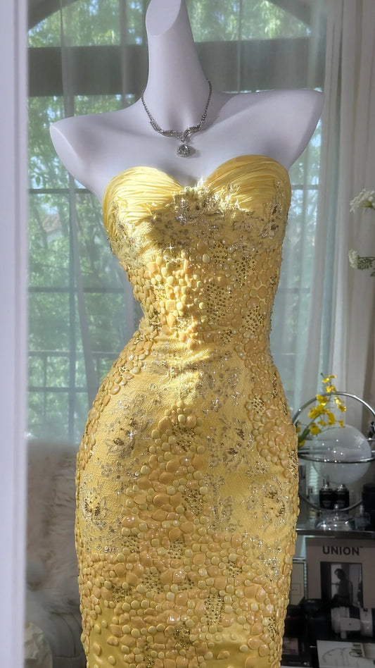 Yellow Elegant Vintage Solid Color Exquisite Yellow Beads Short Chiffon Tulle Homecoming Dress Prom Dress Evening Dress Birthday Party Dress Prom Dress gh3949