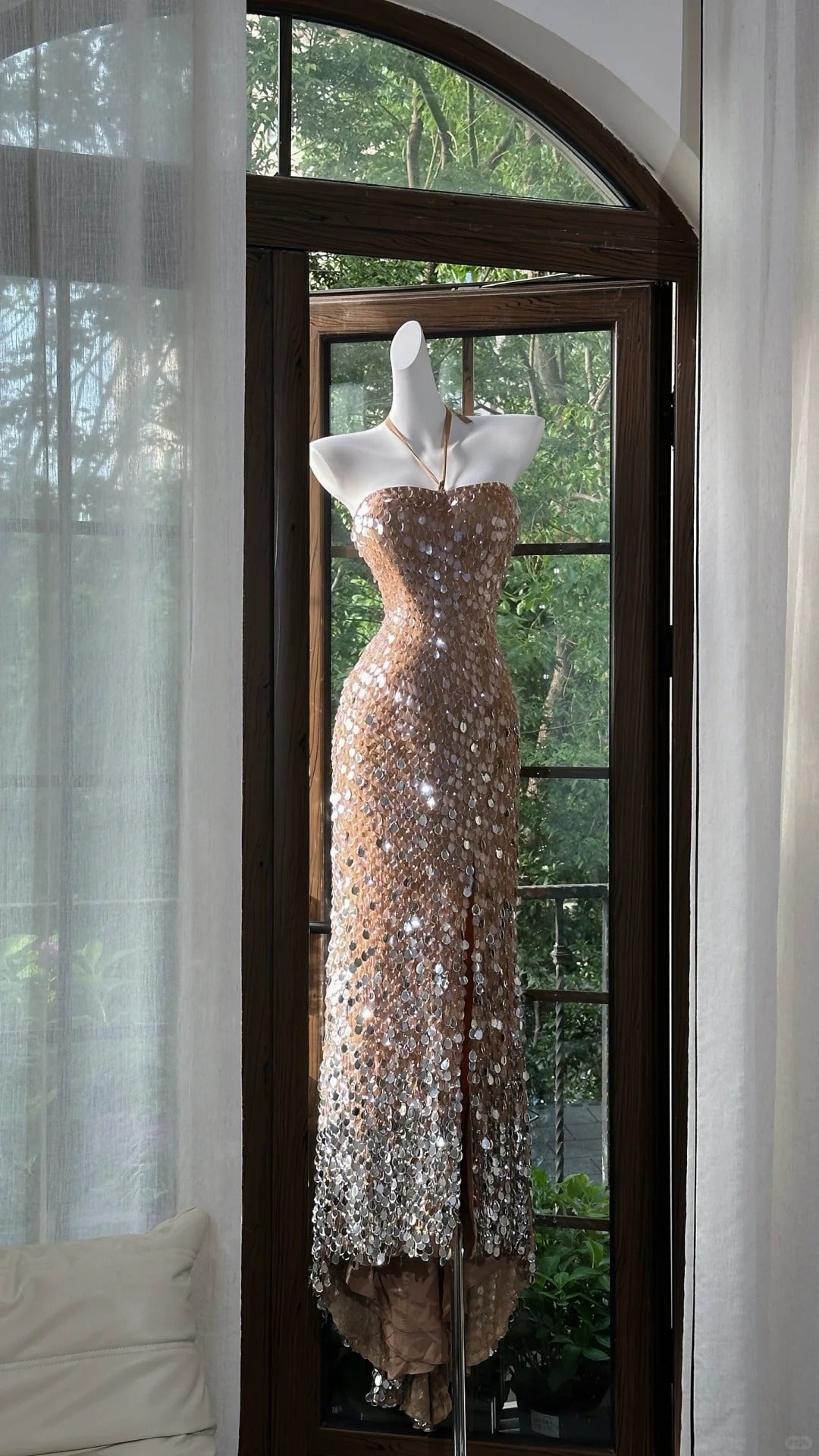 Brown Shiny Elegant Long Sequined Tulle Ball Gown Evening Dress Party Dress gh4612