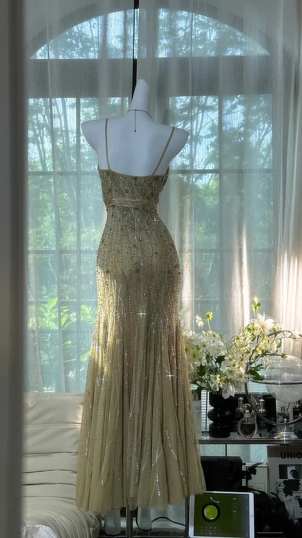 Gold Grass Green Vintage Beading Long Elegant Chiffon Homecoming Dress Ball Dress Evening Dress Birthday Party Dress Date Dress Prom Dress gh4681