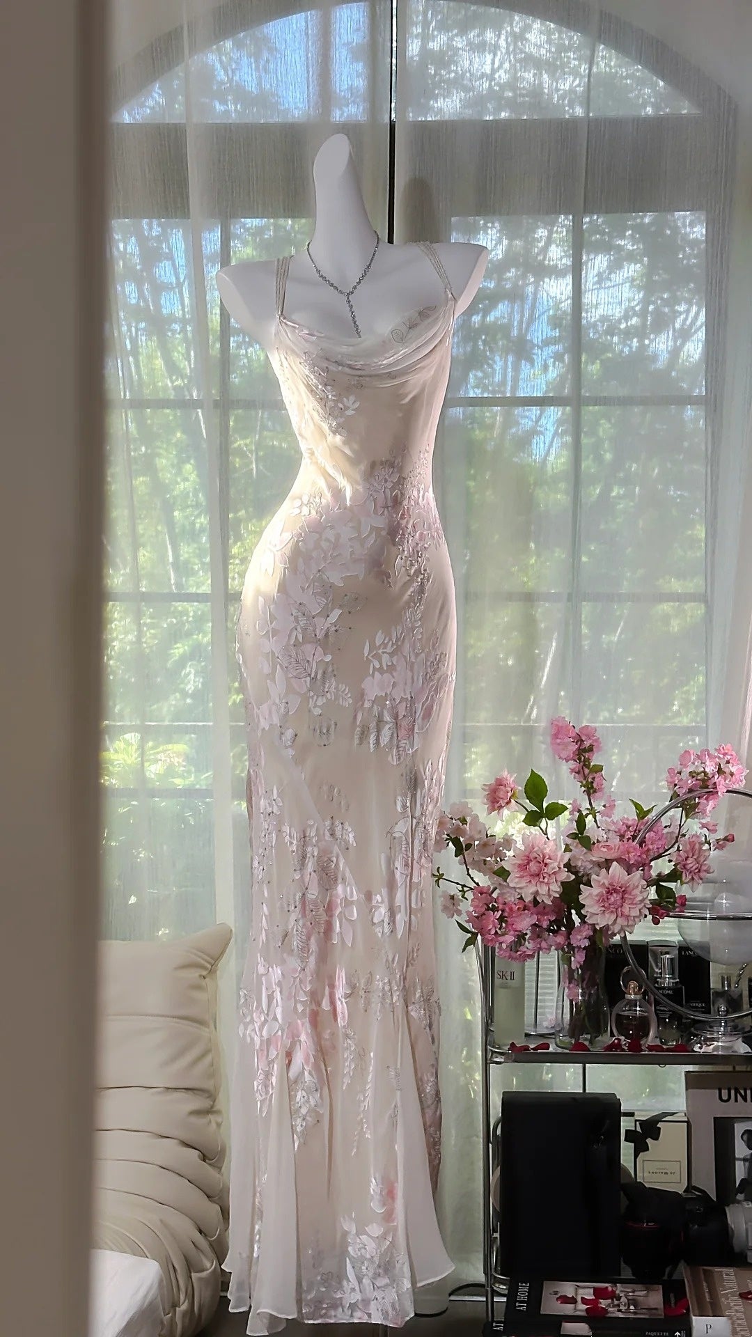 White light pink floral fashion sexy elegant satin long prom dress evening gown wedding party dress gh4846