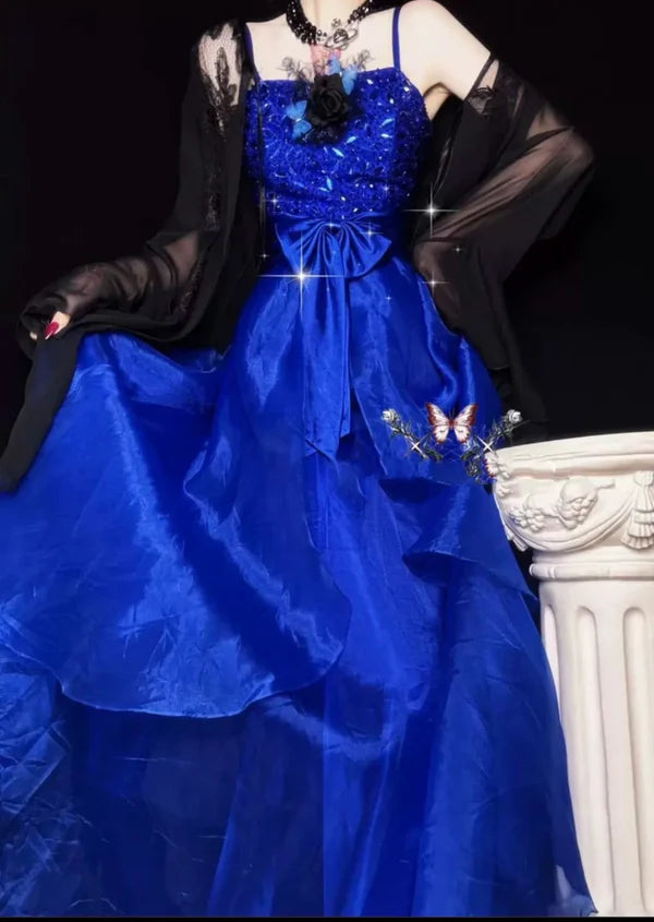 Robe de soirée longue en tulle bleu magnifique et exquise, robe de bal, robe de soirée gh4501
