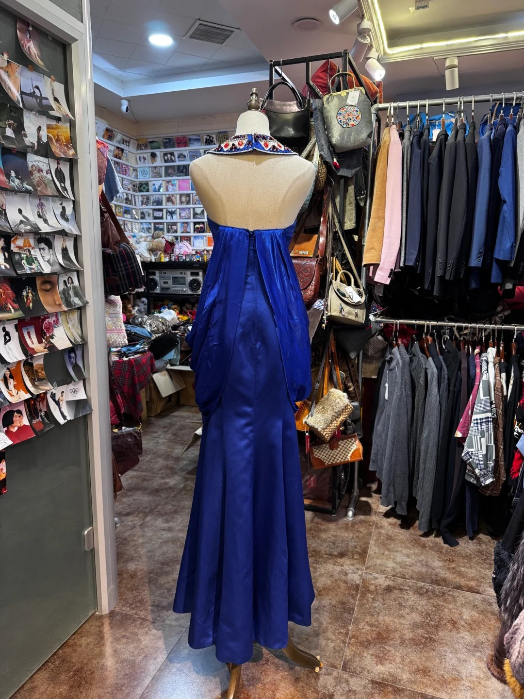 Robe de bal longue en satin bleu avec pierres précieuses, robe de banquet, robe de soirée gh4651