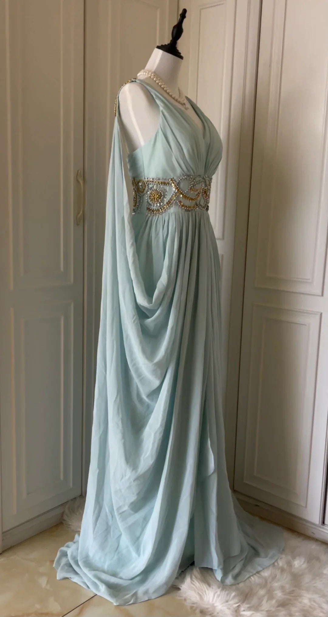 Light Blue Fashionable Elegant Greek Goddess Gown Long Chiffon Floor Length Trailing Ball Gown Evening Gown Party Dress gh4266