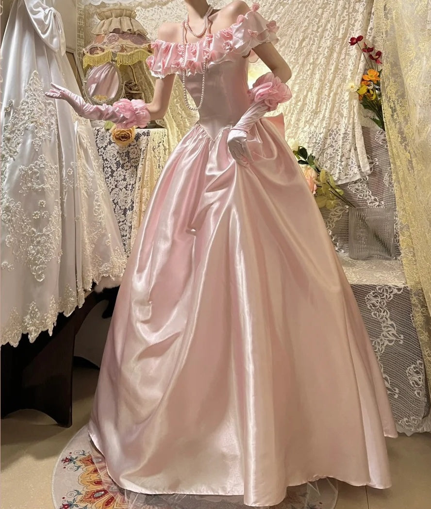 Pink Vintage Elegant Floral Beading Fashion Long Satin Ball Gown Evening Dress Graduation Dress Birthday Dress Quinceañera Dress gh4259