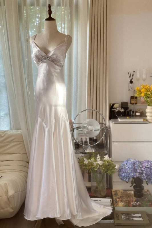 girlhomeshops-Formal Dress White Satin Spaghetti-Strap Beaded Open-Back Train Elegant-Style Wedding Dress gh6376