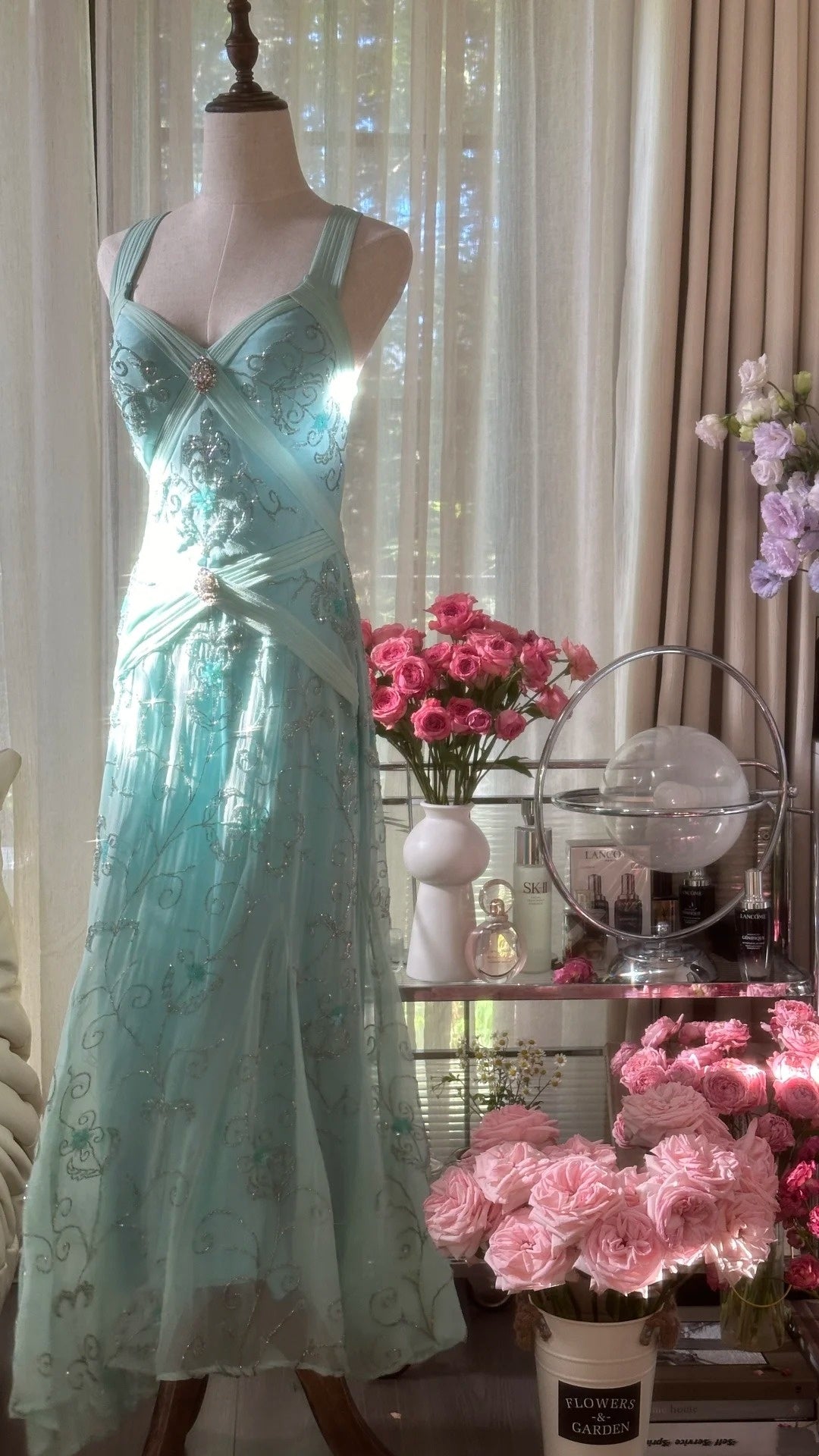 girlhomeshops-Formal Dress Mint Green Tulle Spaghetti-Strap Beaded Open-Back Floor-Length Elegant-Style Gown gh6379