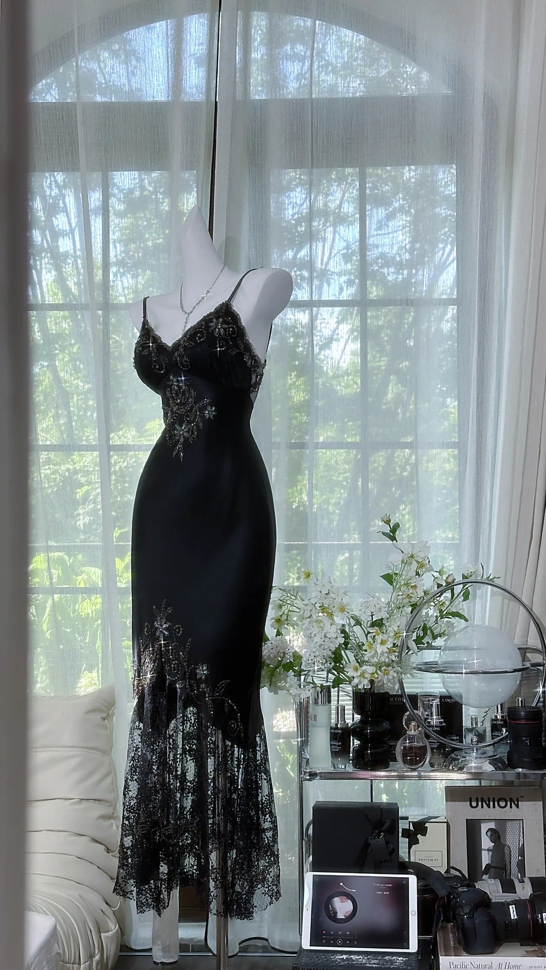 Black shiny vintage exquisite beaded satin lace long homecoming dress prom dress evening dress party dress gh4823