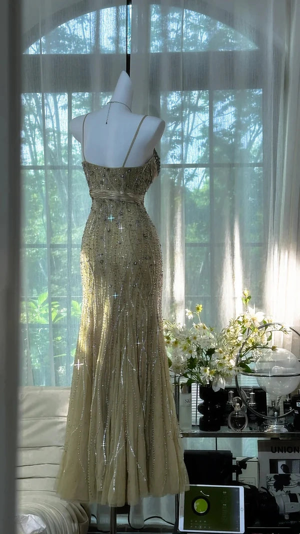 Gold Grass Green Vintage Beading Long Elegant Chiffon Homecoming Dress Ball Dress Evening Dress Birthday Party Dress Date Dress Prom Dress gh4681