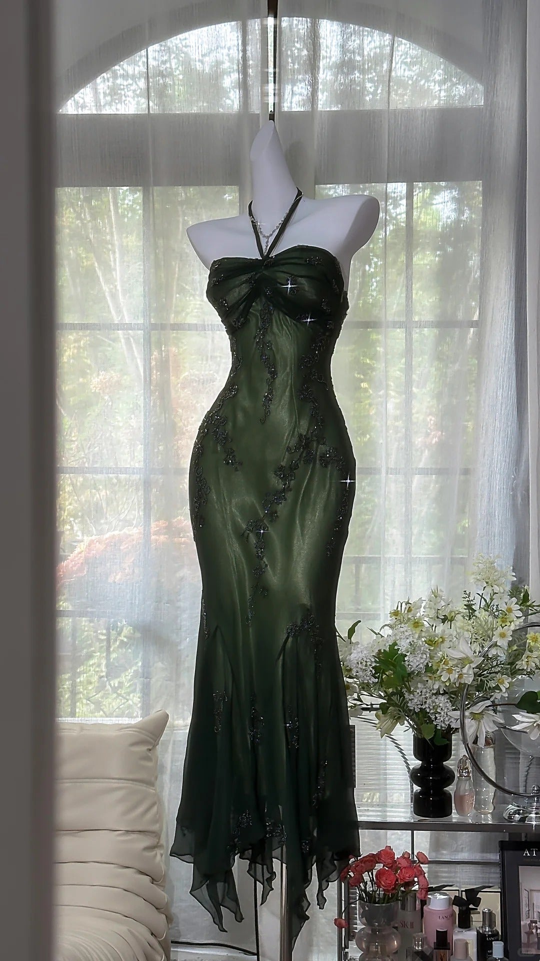 girlhomeshops-Dark green long exquisite beaded vintage long suspender chiffon prom dress gh5801