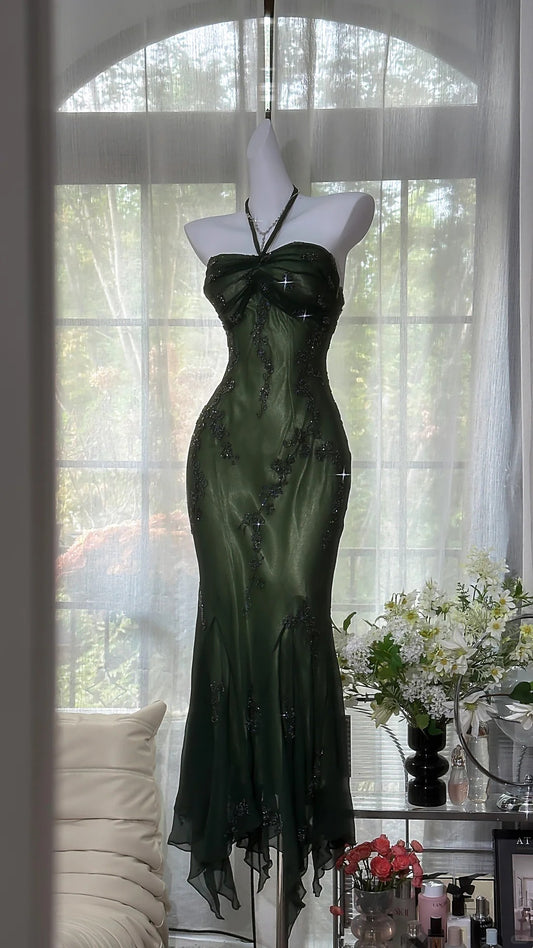 girlhomeshops-Dark green long exquisite beaded vintage long suspender chiffon prom dress gh5801