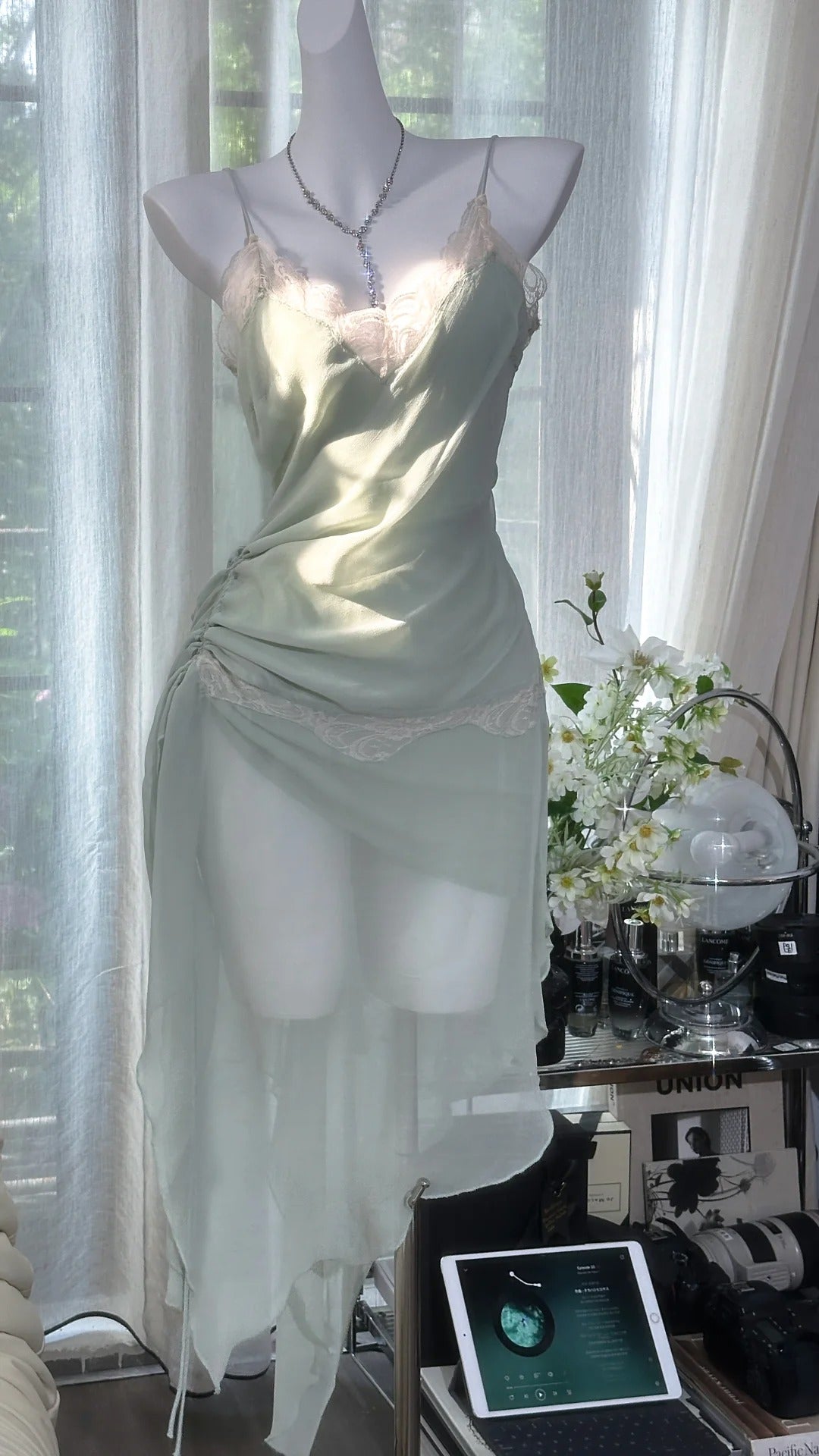 Girlhomeshops-Mint Mambo Green Vintage Long Chiffon Lace Party Dress Date Dress gh5079