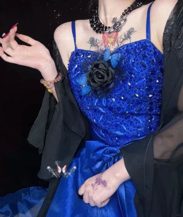 Robe de soirée longue en tulle bleu magnifique et exquise, robe de bal, robe de soirée gh4501