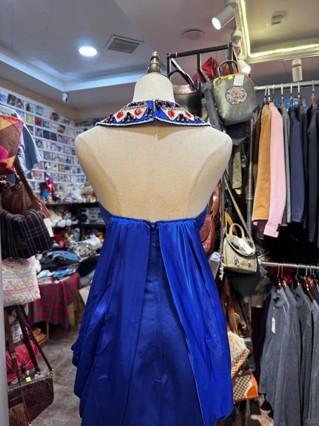 Robe de bal longue en satin bleu avec pierres précieuses, robe de banquet, robe de soirée gh4651