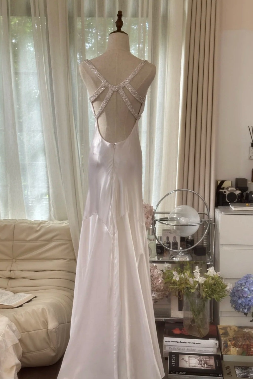 girlhomeshops-Formal Dress White Satin Spaghetti-Strap Beaded Open-Back Train Elegant-Style Wedding Dress gh6376