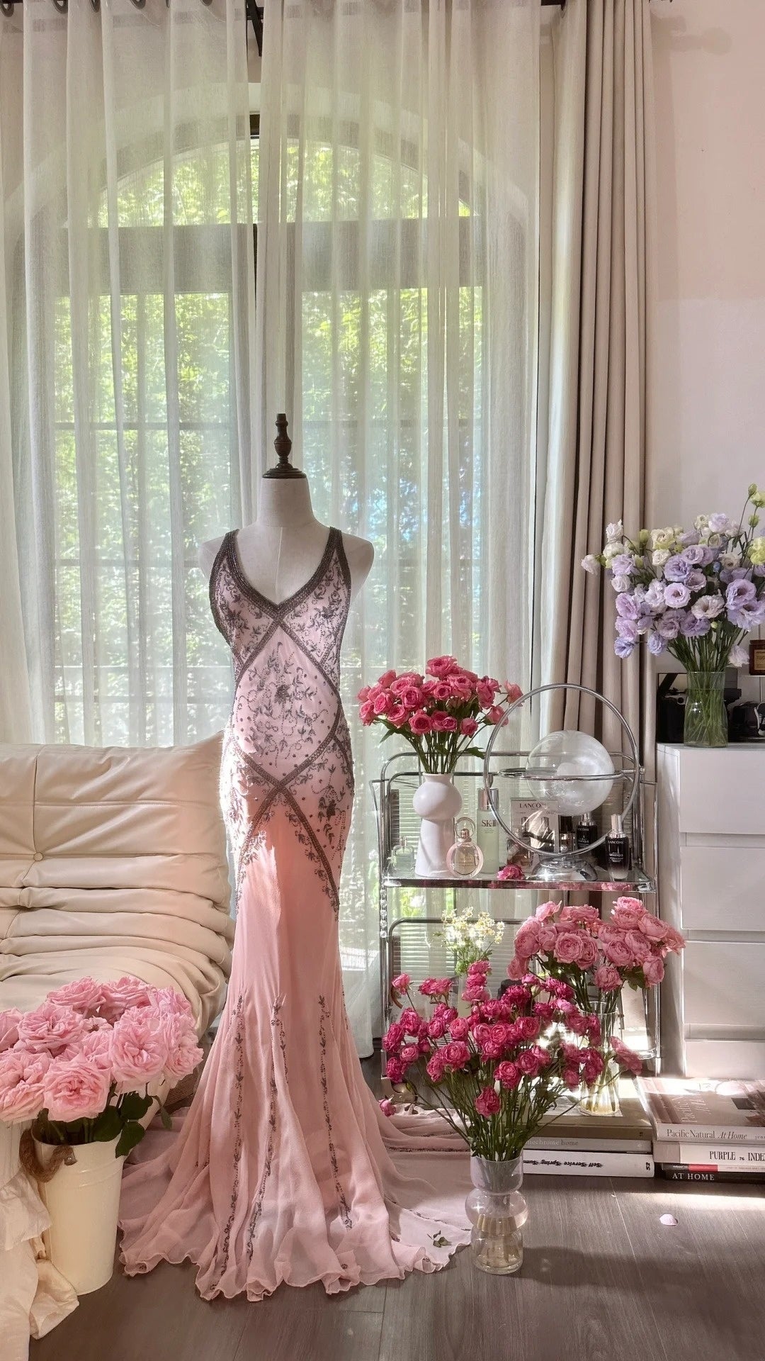 girlhomeshops-Formal Dress Pink Tulle Spaghetti-Strap Beaded Open-Back Mermaid Luxury-Style Gown gh6378