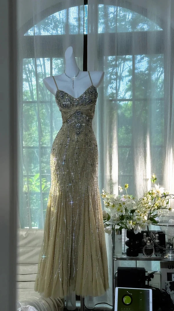 Gold Grass Green Vintage Beading Long Elegant Chiffon Homecoming Dress Ball Dress Evening Dress Birthday Party Dress Date Dress Prom Dress gh4681
