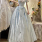 Blue Vintage Elegant Floral Long Satin Floor Length Ball Gown Evening Dress gh4415