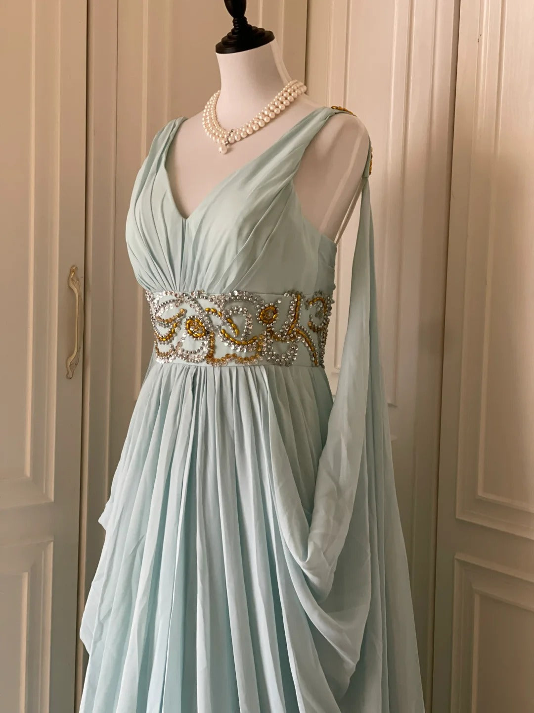 Light Blue Fashionable Elegant Greek Goddess Gown Long Chiffon Floor Length Trailing Ball Gown Evening Gown Party Dress gh4266