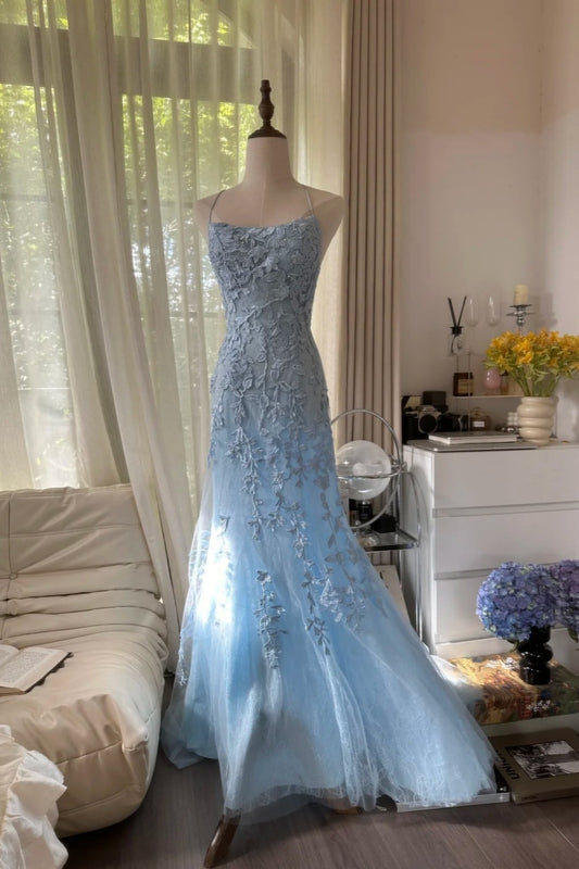 girlhomeshops-Gradient Blue Tulle Spaghetti-Strap 3D Embroidery Train Fairy-Style Gown gh6375