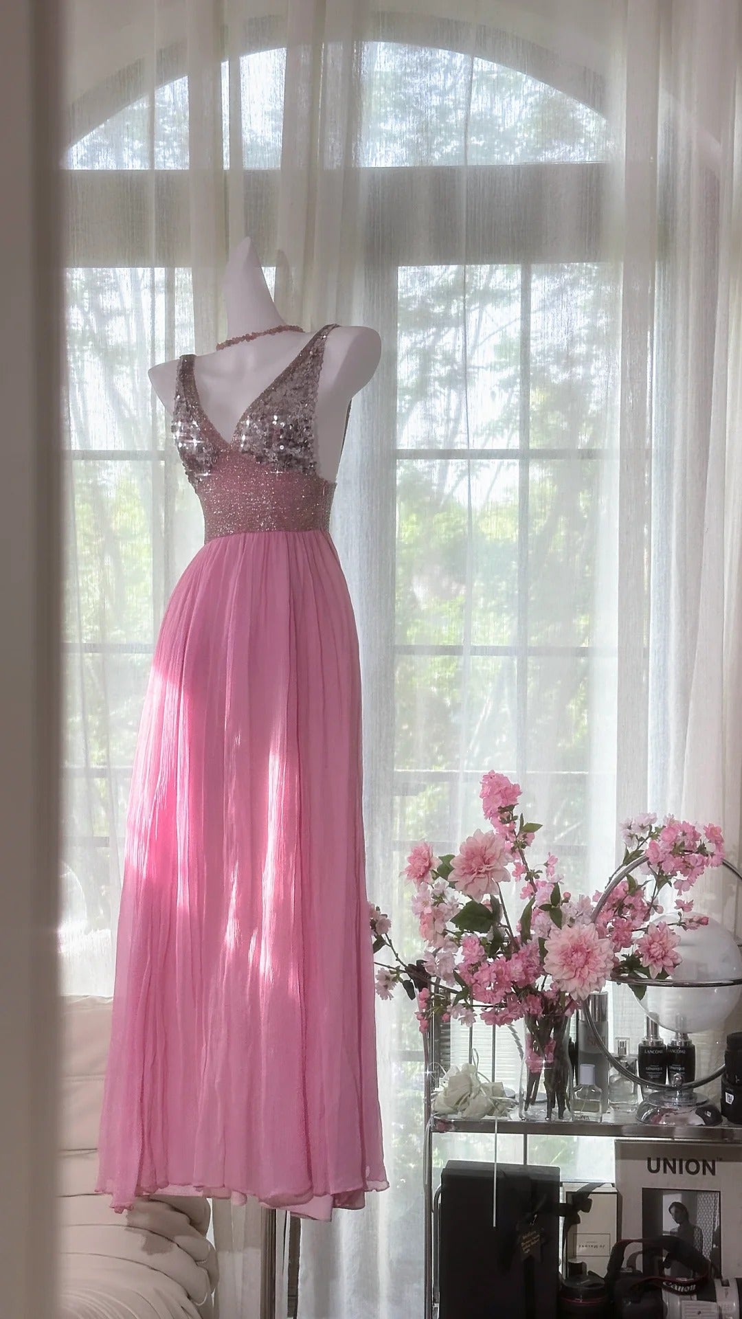 Pink Elegant Shiny V Neck Long Chiffon Ball Gown Evening Dress Party Dress gh4322