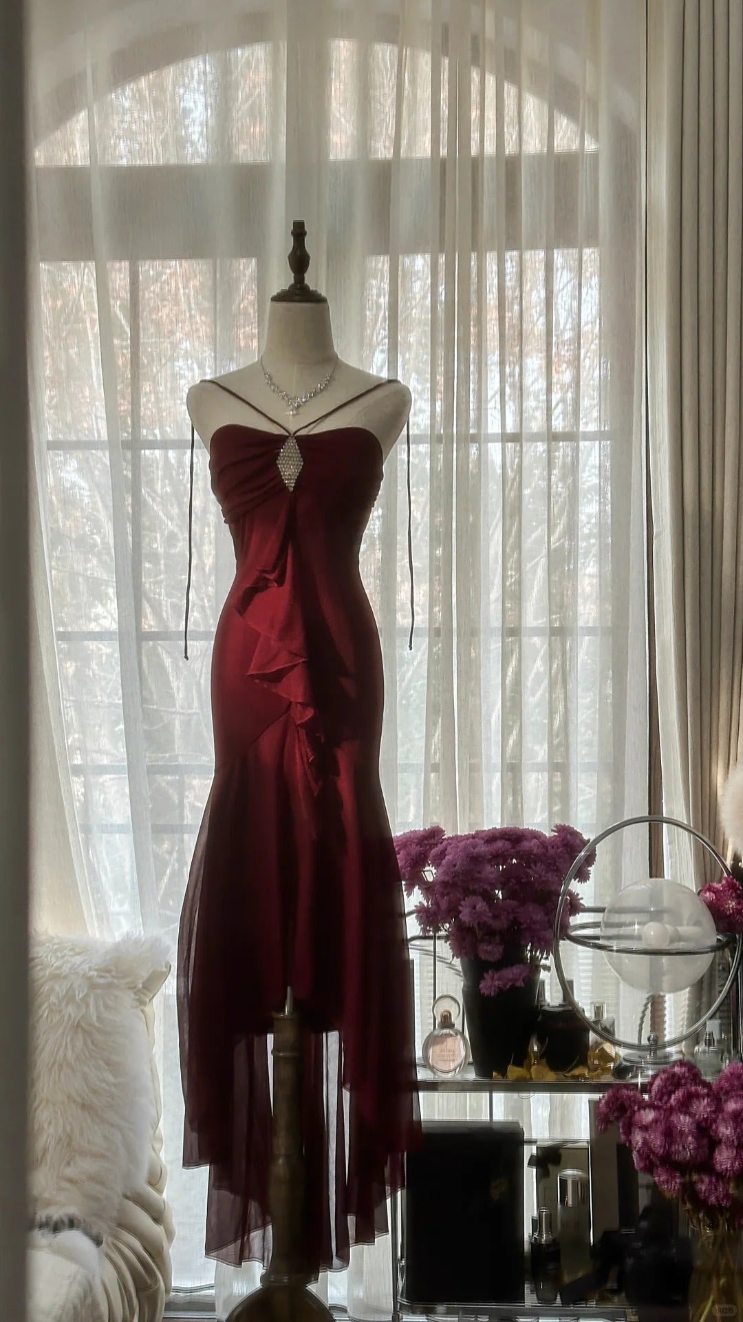 Burgundy Elegant Exquisite Rhinestone Long Chiffon Ball Gown Evening Gown Party Gown Birthday Gown Date Gown gh4164