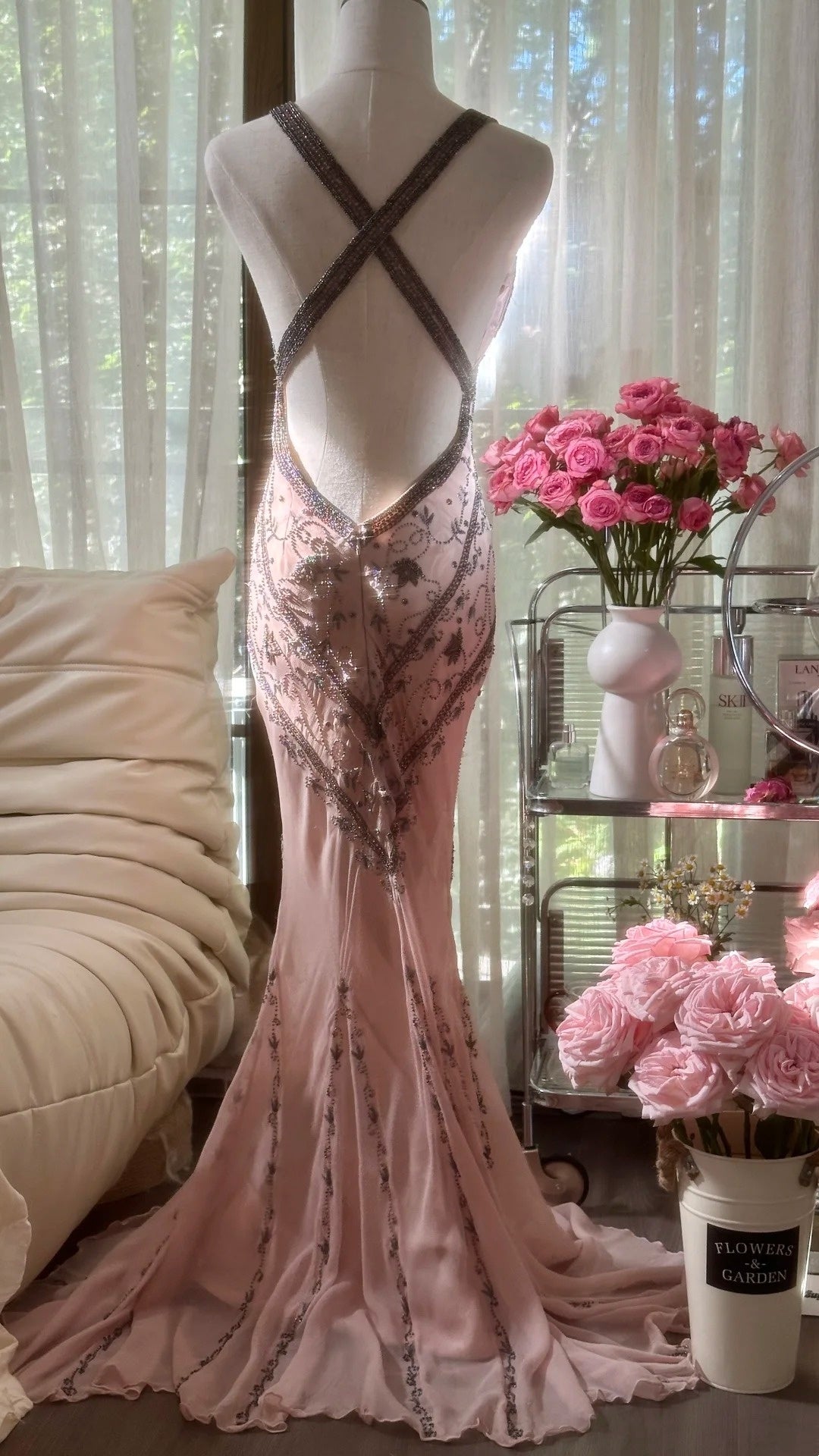 girlhomeshops-Formal Dress Pink Tulle Spaghetti-Strap Beaded Open-Back Mermaid Luxury-Style Gown gh6378