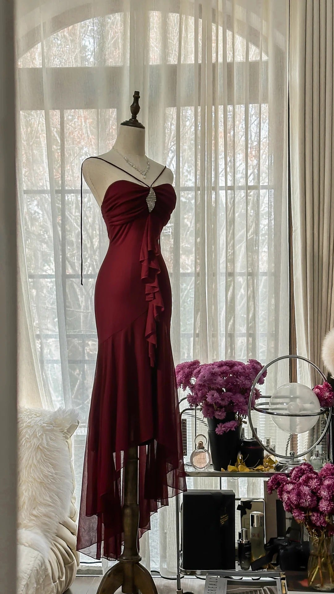 Burgundy Elegant Exquisite Rhinestone Long Chiffon Ball Gown Evening Gown Party Gown Birthday Gown Date Gown gh4164