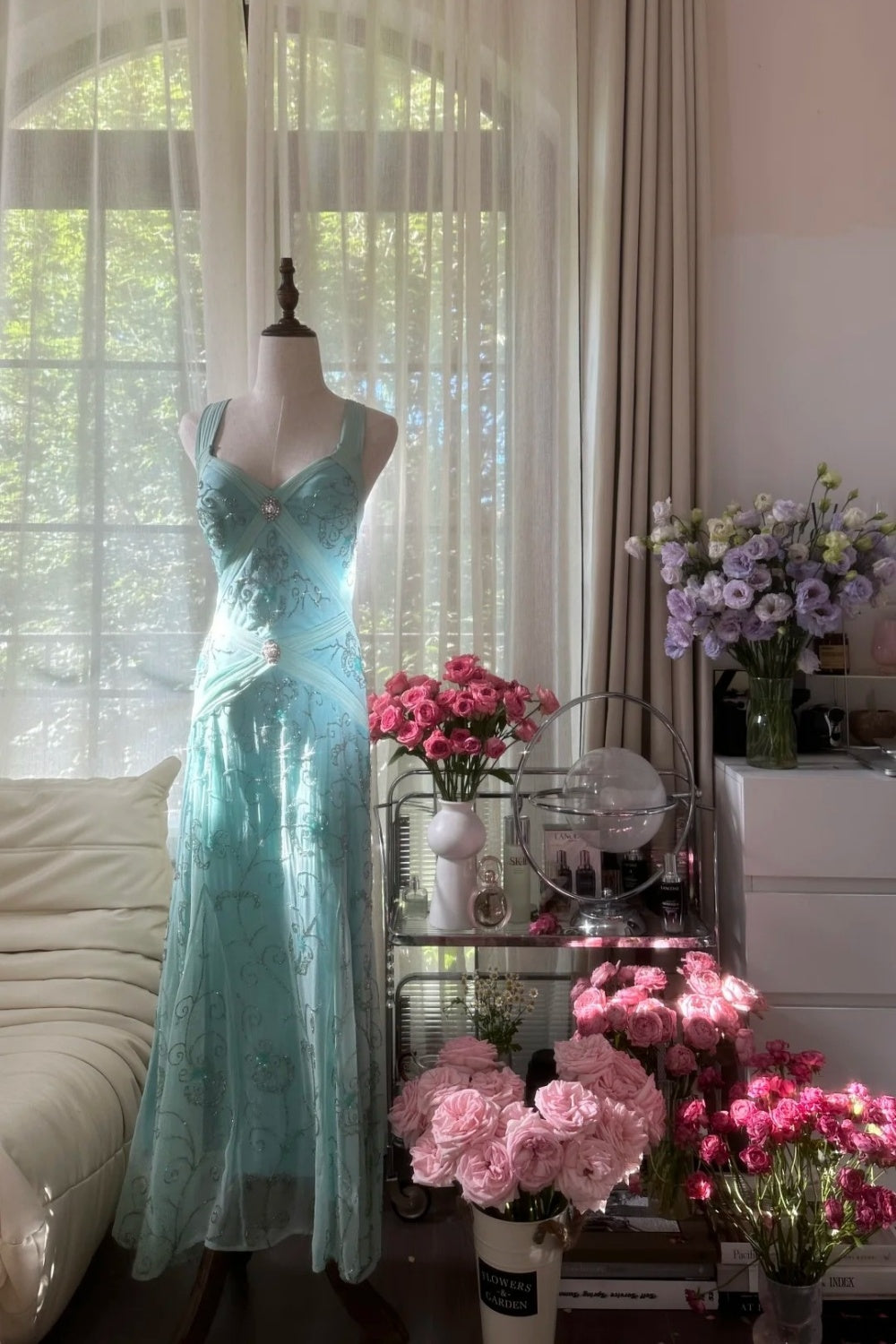 girlhomeshops-Formal Dress Mint Green Tulle Spaghetti-Strap Beaded Open-Back Floor-Length Elegant-Style Gown gh6379