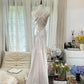 girlhomeshops-Formal Dress White Satin Spaghetti-Strap Beaded Open-Back Train Elegant-Style Wedding Dress gh6376