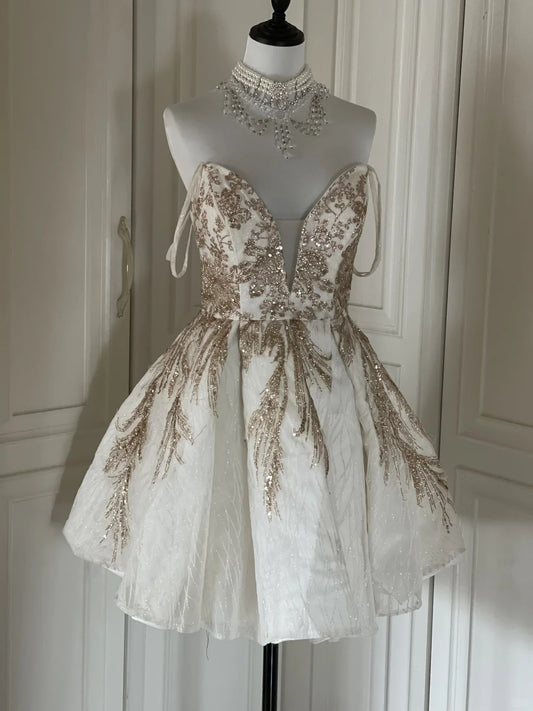 White Gold Sequins Shiny Gorgeous Cute Elegant Sophisticated Short Princess Sequin Homecoming Dress Prom Dress Evening Dress Party Dress gh4166