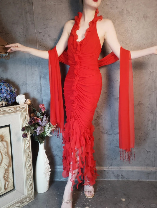 Flame red dress vintage pleated fishtail tassel beads retro elegant long chiffon prom dress evening dress party dress gh4808