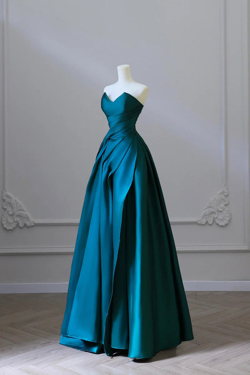 Robe de soirée longue en satin plissée à épaules dénudées et ligne A bleue gh3433