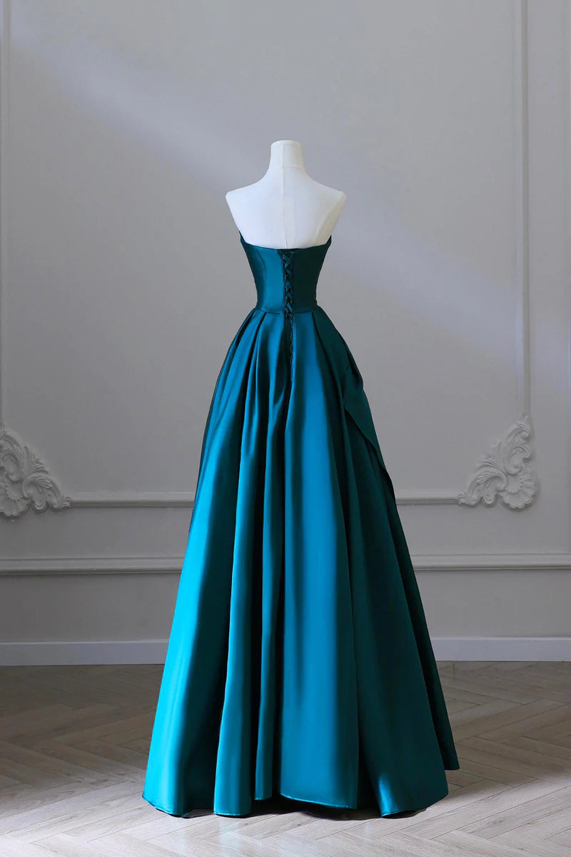 Robe de soirée longue en satin plissée à épaules dénudées et ligne A bleue gh3433