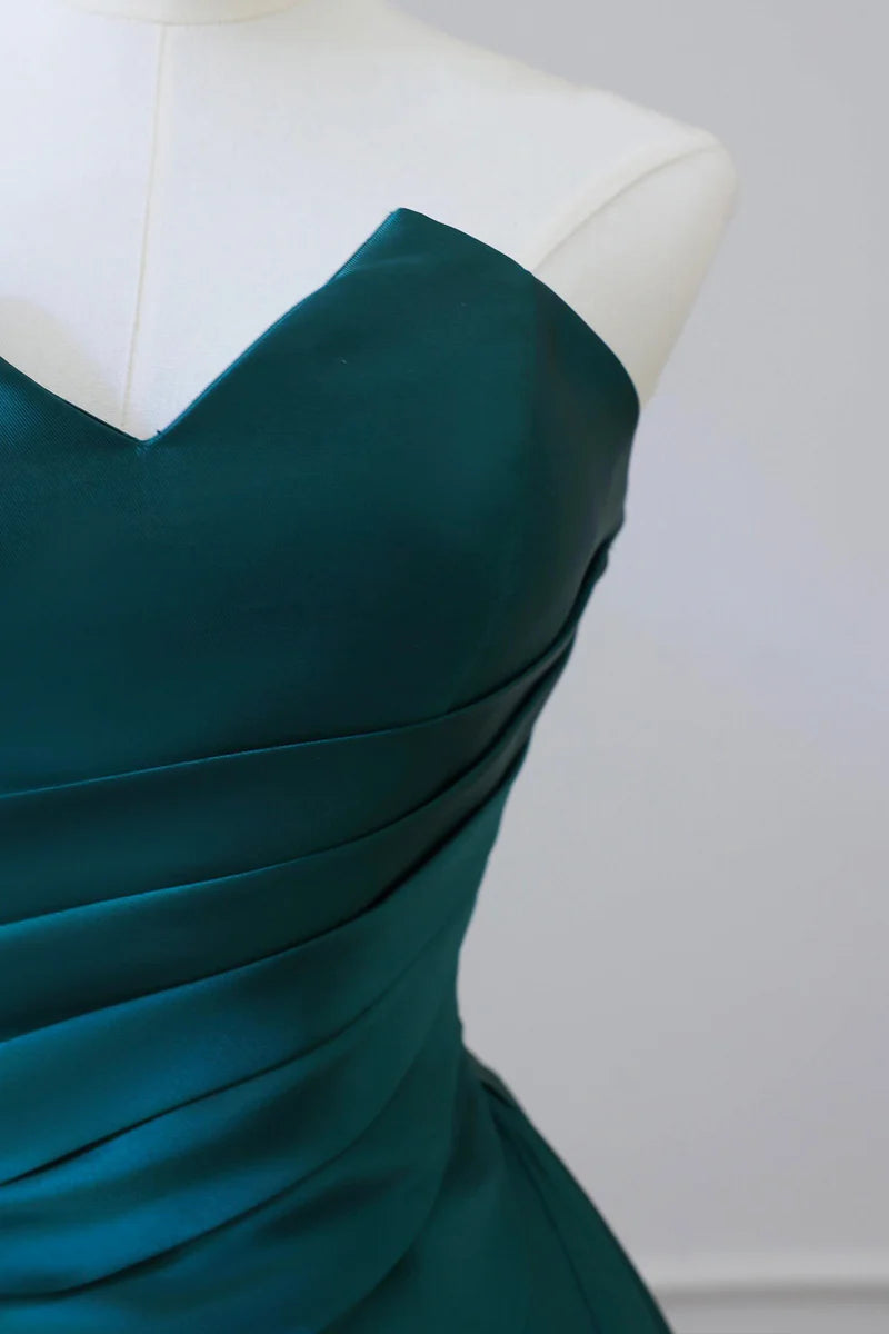 Robe de soirée longue en satin plissée à épaules dénudées et ligne A bleue gh3433