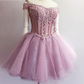 Kurzes Ballkleid aus rosa Tüllspitze, rosa Abendkleid 8006