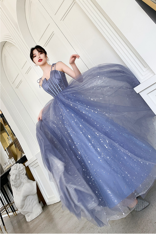 Blue tulle long prom dress, blue evening dress  8139