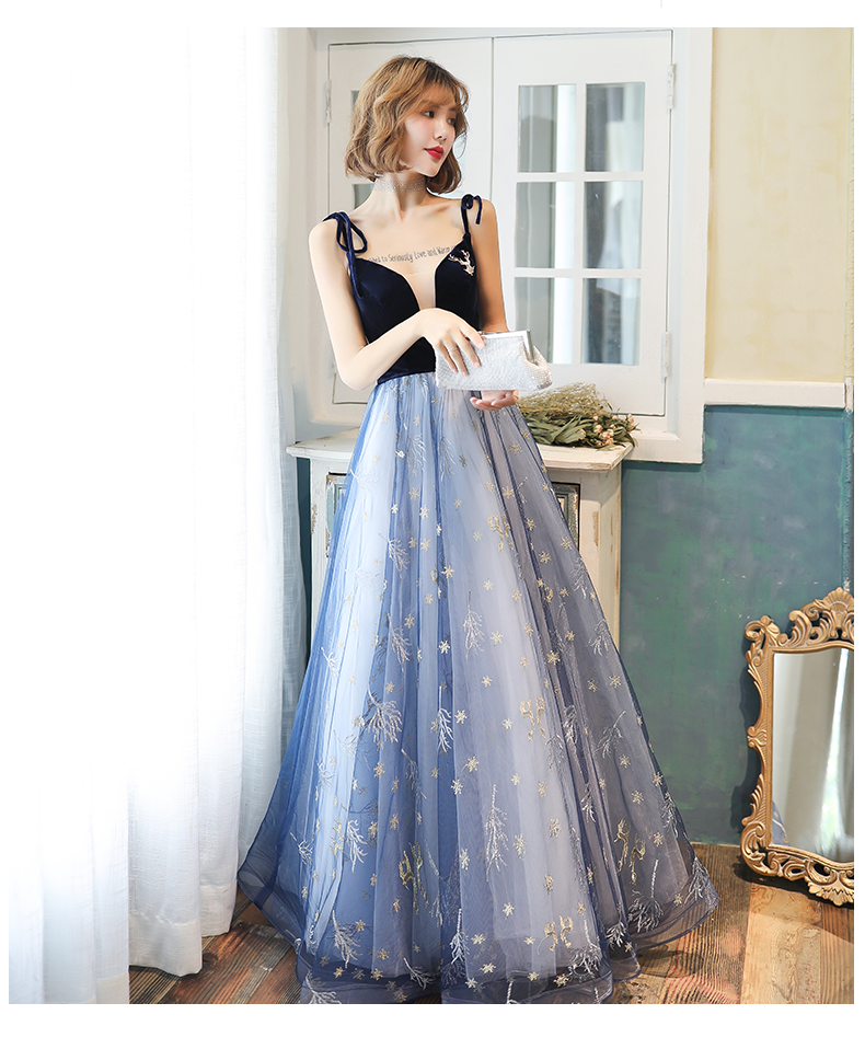 Blue v neck tulle long prom dress  8194