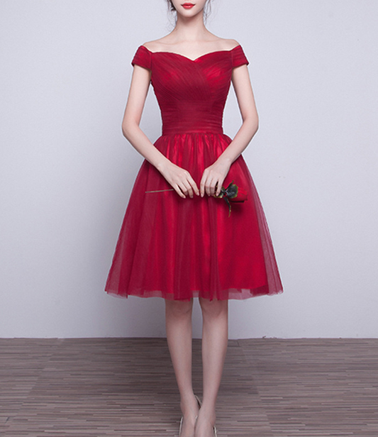 Cute red tulle V-neck short prom dress,homecoming dress  7681