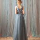 Blaues langes Ballkleid aus Tüllspitze mit V-Ausschnitt, blaues Abendkleid 7848