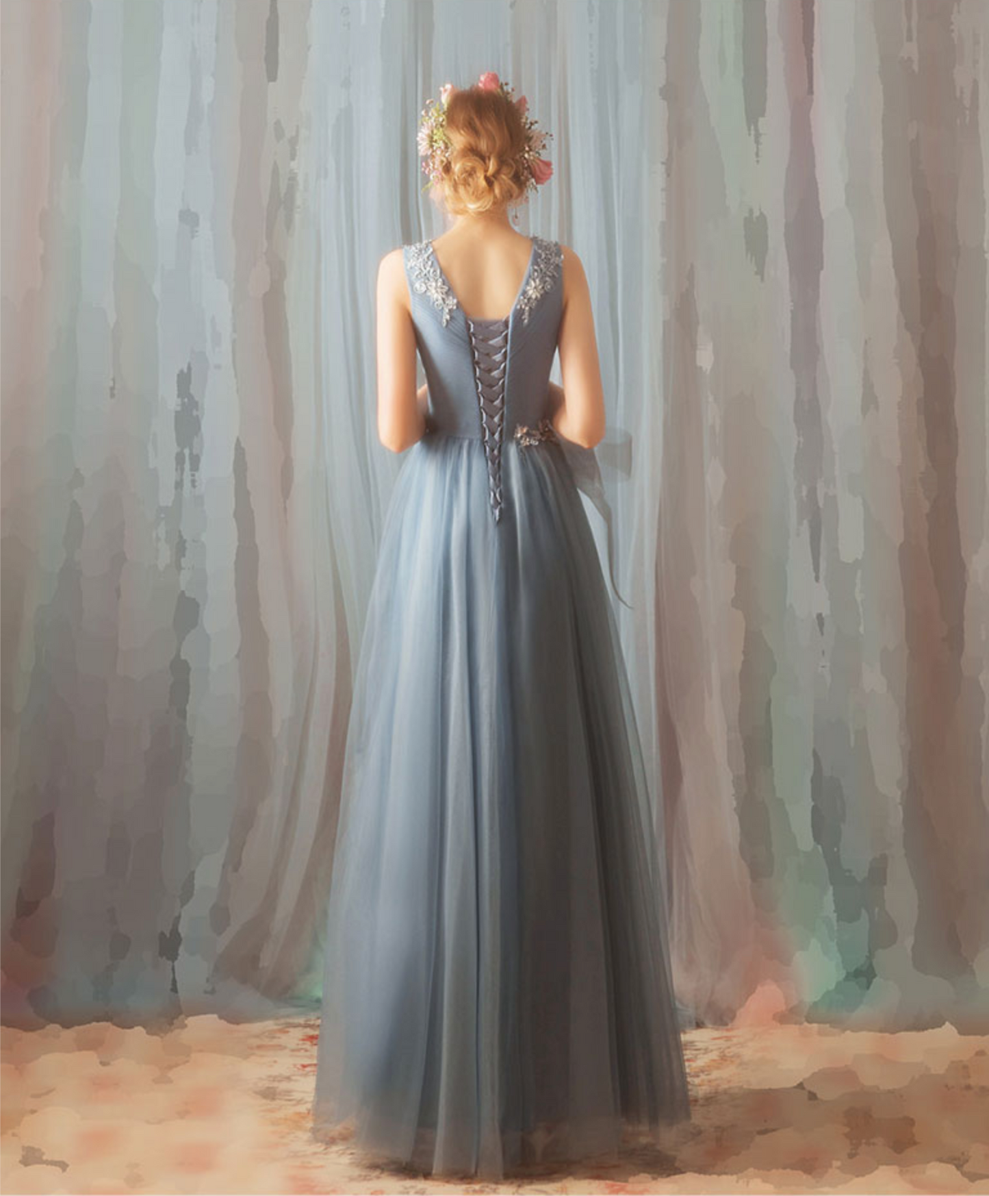 Blaues langes Ballkleid aus Tüllspitze mit V-Ausschnitt, blaues Abendkleid 7848