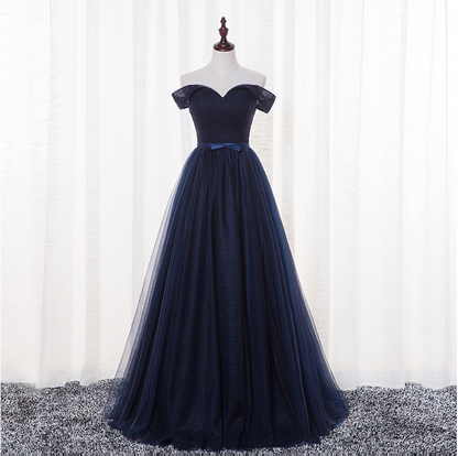 Navy blue tulle long prom dress,evening dress,cheap prom dresses  7683