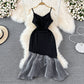 High sense V-neck suspender skirt with waist closed and thin fishtail buttock wrapped dress  11001