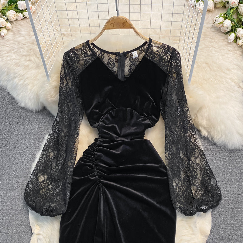 Black V Neck Velvet Dress Long Sleeve Dress  10925
